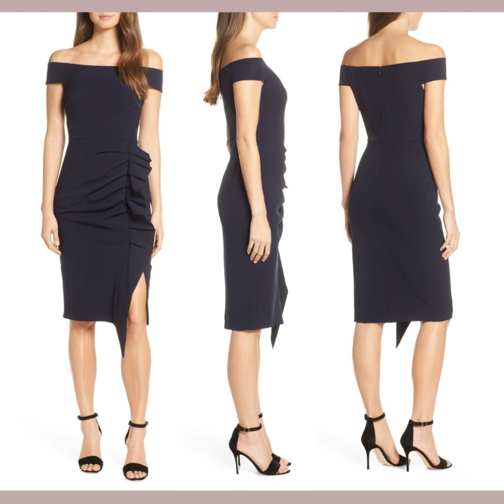 NWT Eliza‎ J [ 6 ] Off the Shoulder Pleat Ruched Dress in Navy Blue